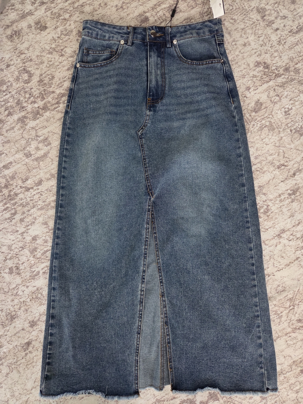 Vigoss Blue High-Waist Maxi Denim Skirt with Center Front Slit - Picture 2 of 6